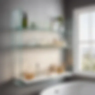 Chic Glass Shelf Display in Scandinavian Décor Minimalist glass shelf arrangement in Scandinavian-inspired bathroom niche