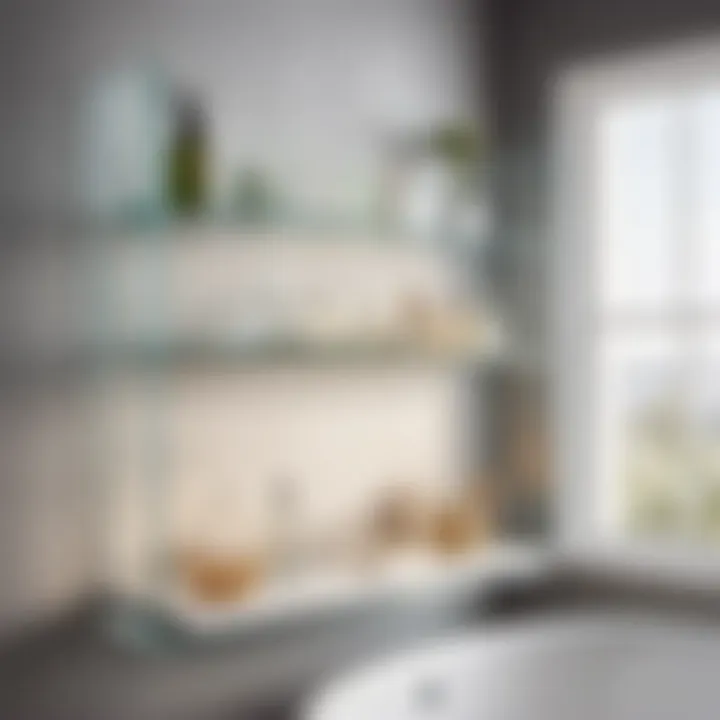 Chic Glass Shelf Display in Scandinavian Décor Minimalist glass shelf arrangement in Scandinavian-inspired bathroom niche