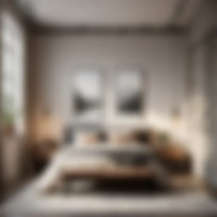 Minimalist industrial farmhouse bedroom with neutral color palette and statement artwork