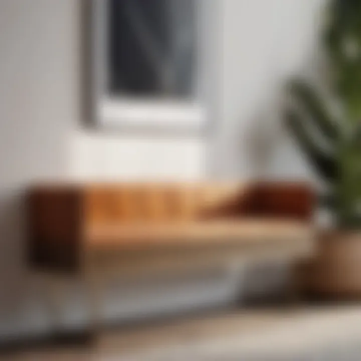 Minimalist wooden bench with geometric design in bedroom