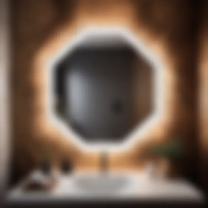 Unique hexagonal mirror adding flair to a small bathroom