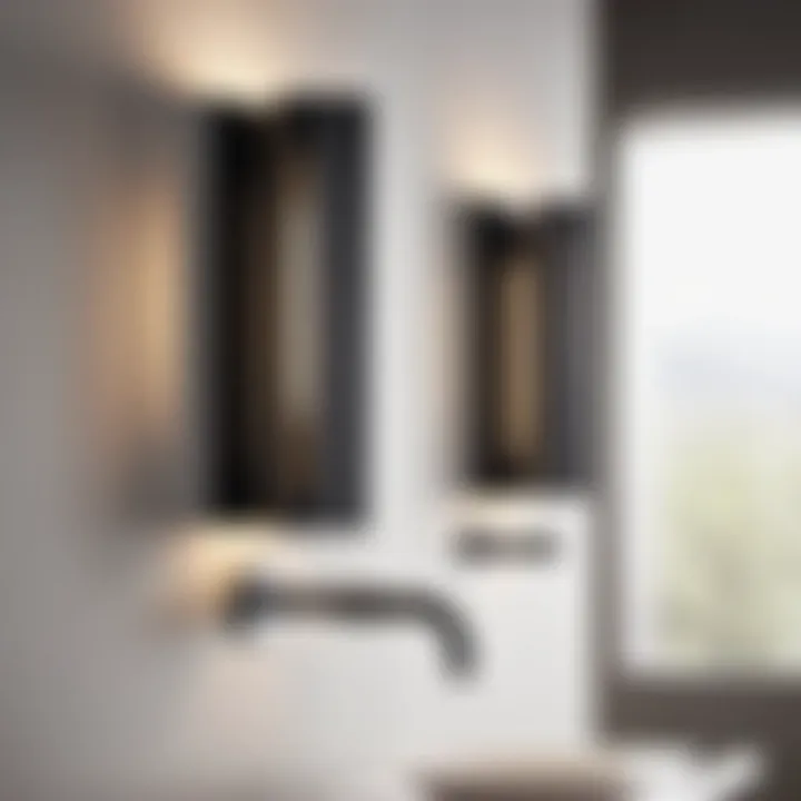 Contemporary Black Metal Sconces Sleek black metal sconces in a modern bathroom