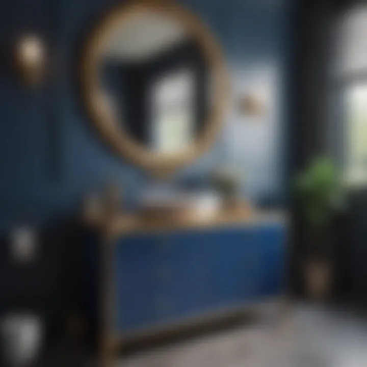 Royal Blue Cabinet with Gold Accents in Modern Bathroom