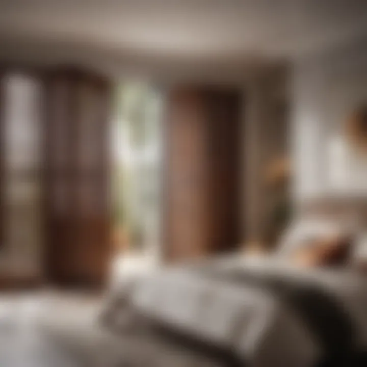 Modern Bedroom Interior Featuring Wooden Shutter Doors Modern bedroom interior with wooden shutter doors