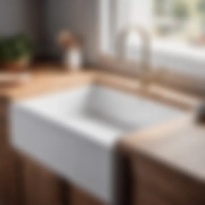 Minimalist white farmhouse sink with wooden accents