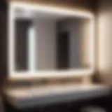 Illuminated mirror reflecting modern bathroom lighting