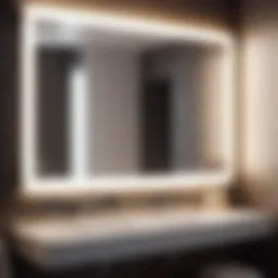 Illuminated mirror reflecting modern bathroom lighting