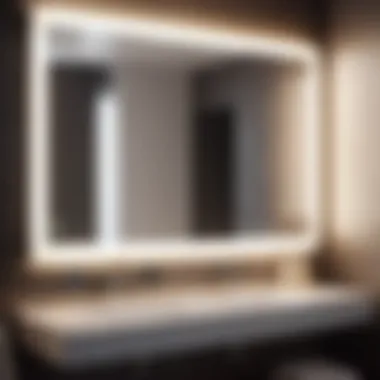 Illuminated mirror reflecting modern bathroom lighting