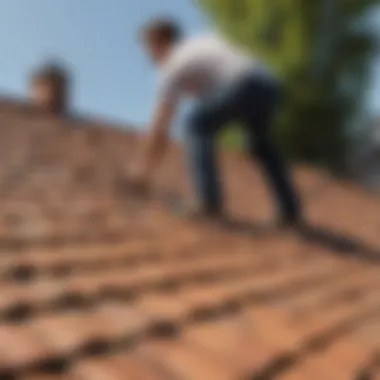 A person inspecting the roof of a house