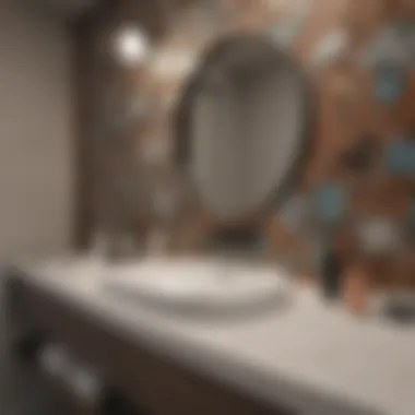 A modern bathroom featuring a mosaic backsplash and elegant fixtures