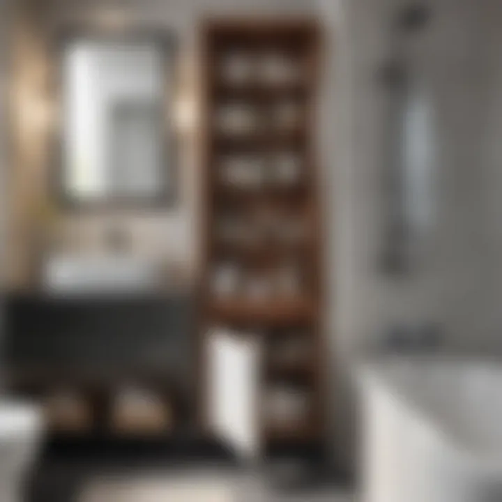 Interior view of a narrow bath cabinet with organized storage