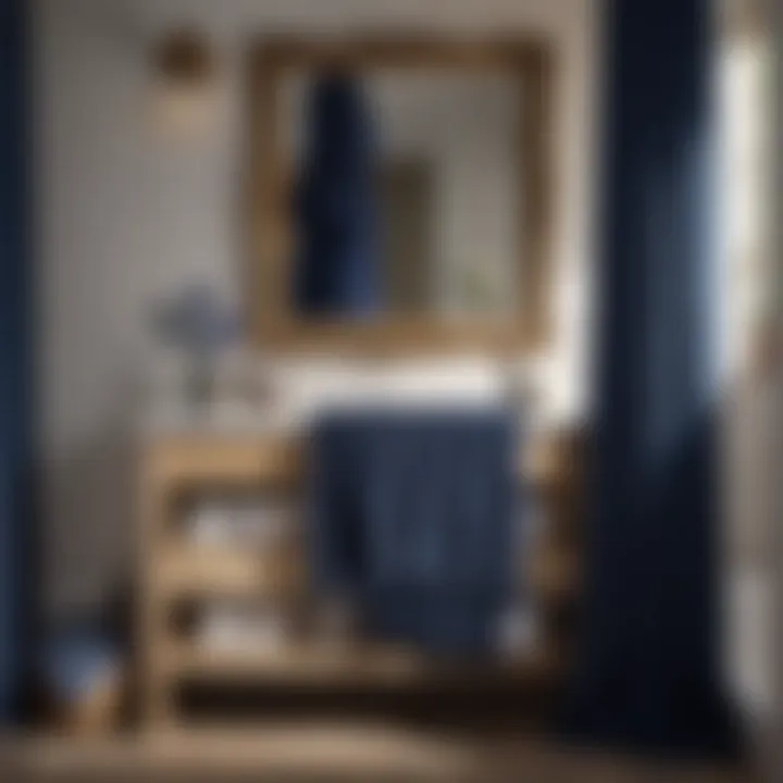 Artistic Decor with Navy Blue Bath Towels A creative arrangement of navy blue bath towels as decor accents