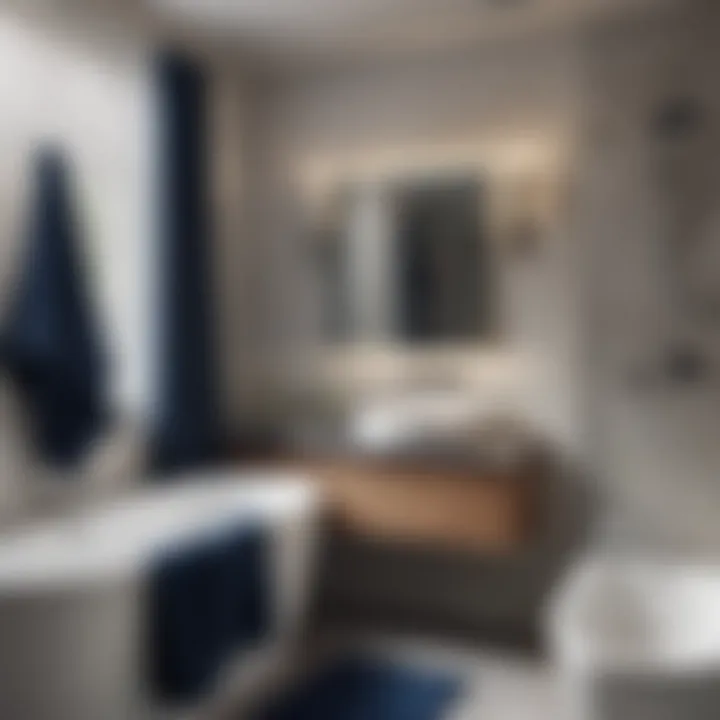 Elegant Presentation in Modern Bathroom Navy blue bath towels hanging elegantly in a modern bathroom