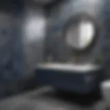 Elegantly Designed Bathroom with Grey Tiles and Navy Blue Accents