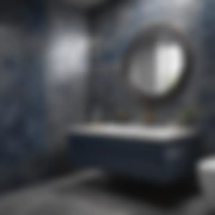 Elegantly Designed Bathroom with Grey Tiles and Navy Blue Accents