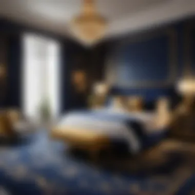 Navy Carpet Bedroom with Golden Accents