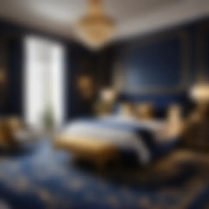 Navy Carpet Bedroom with Golden Accents