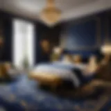 Elegance in Navy and Gold Navy Carpet Bedroom with Golden Accents