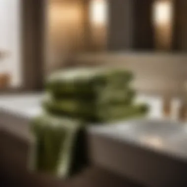 Neatly Folded Olive Green Bath Towel Set on Bathroom Shelf Olive Green Bath Towel Set Folded Neatly on Bathroom Shelf
