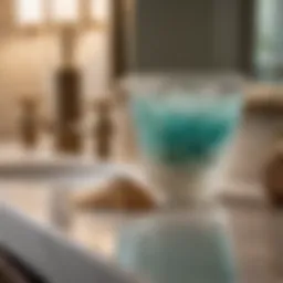 Decorative sea glass and seashells on bathroom countertop