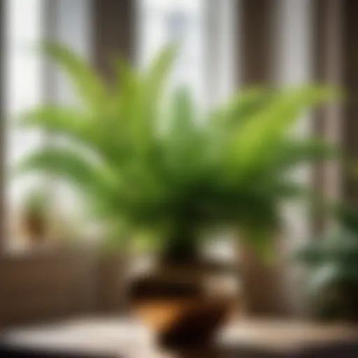 Green foliage of a small fern plant in a stylish indoor setting