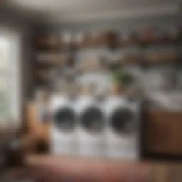Elegant shelves installed above a washer and dryer, displaying laundry essentials and decorative items.