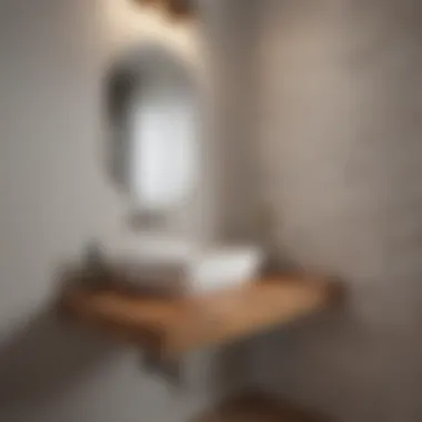 Small floating sink with wooden countertop in compact bathroom