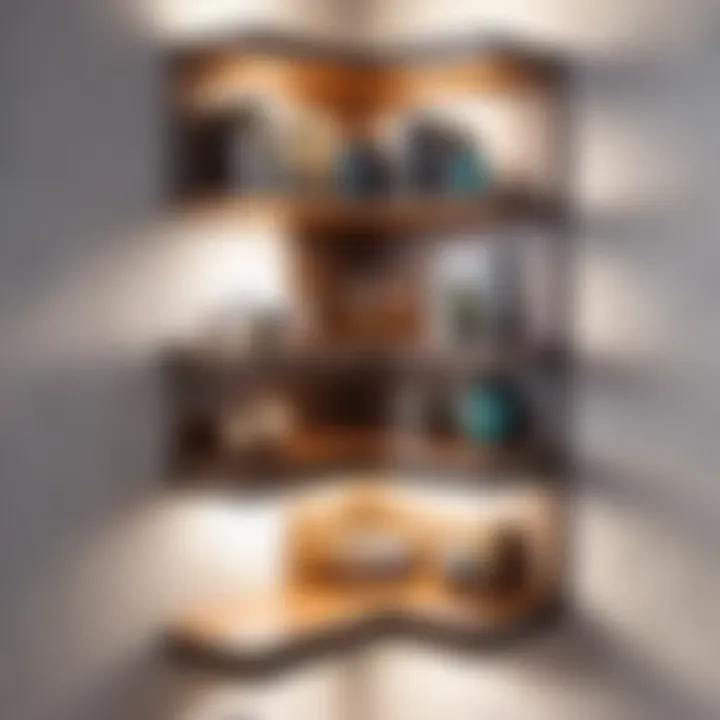 Space-saving corner wall shelves with personal accessories