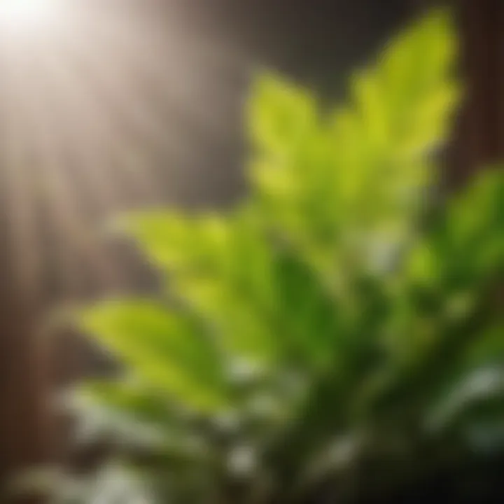 Close-up of indoor plant leaves basking in gentle grow light