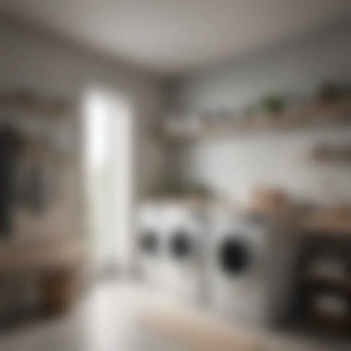 Minimalist laundry room design with floating shelves