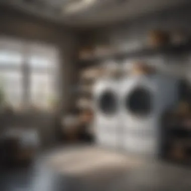 Industrial chic laundry room shelves above appliances