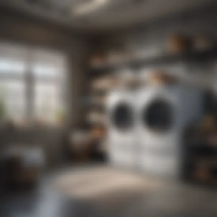 Industrial chic laundry room shelves above appliances