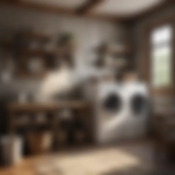 Rustic laundry room decor featuring wooden shelves
