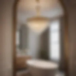 Elegant chandelier reflecting in master bathroom mirror