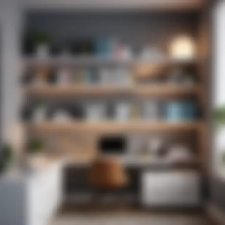 Efficient Storage Solutions Organized wall-mounted shelves with office supplies