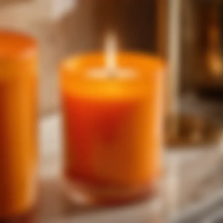 Close-up of a bright orange scented candle adding ambiance to a bathroom