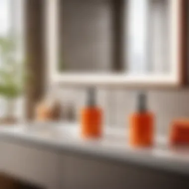 Bright orange soap dispenser and toothbrush holder on a sleek bathroom vanity