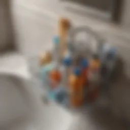 Neatly arranged bathroom cleaning caddy with essential supplies