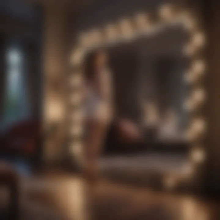 Long mirror with lights showcasing outfit selection