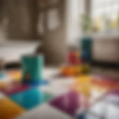 Paint cans and color palette for bathroom floor tiles