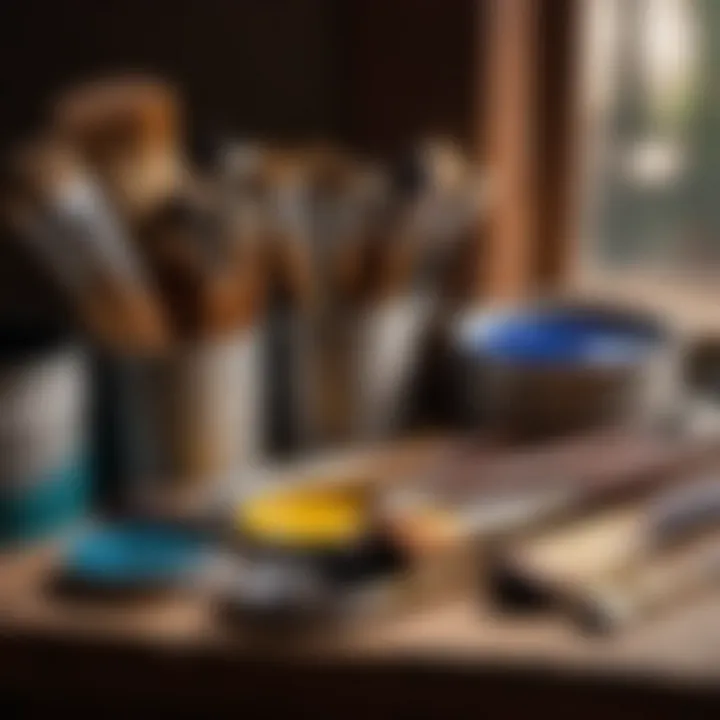 Painter's tools including brushes and paint cans