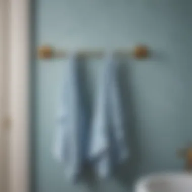 Elegance on Brass Display Pale blue bath towels hanging elegantly on a polished brass towel rack