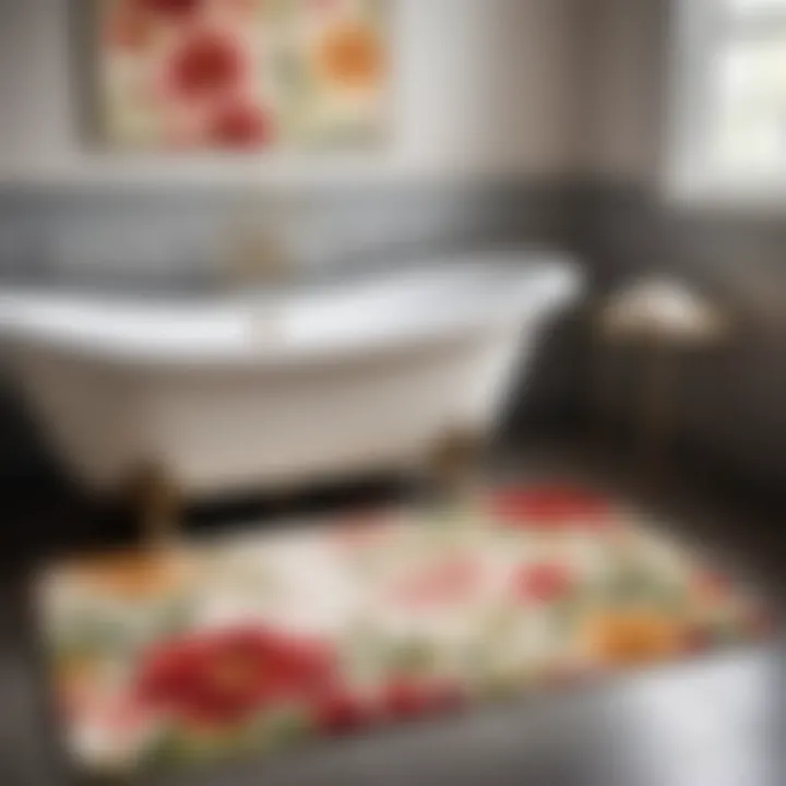 Peel and stick bath mat in floral design complementing a vintage bathroom