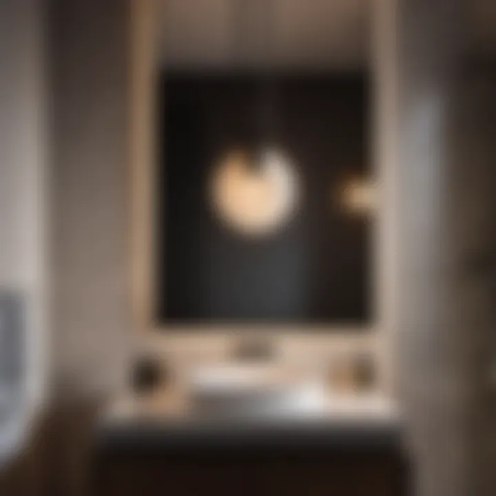 Minimalist black pendant light above sleek bathroom sink