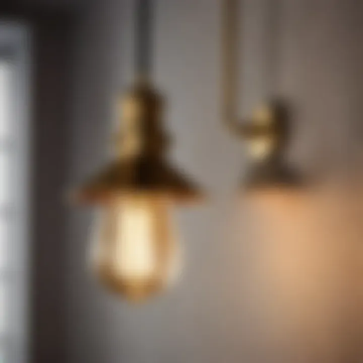 Vintage brass pendant light illuminating modern bathroom