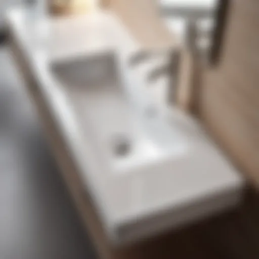 Minimalistic white narrow sink in modern bathroom