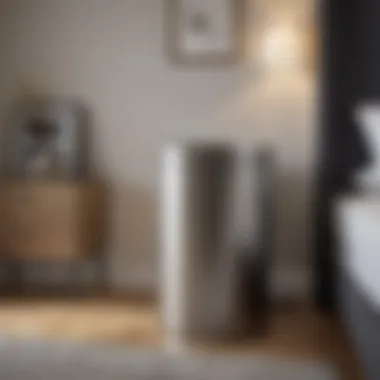 Sleek metallic waste bin in a modern bedroom setting