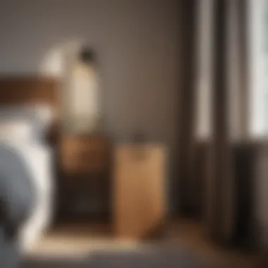 Minimalist wooden waste bin with a lid in a cozy bedroom corner