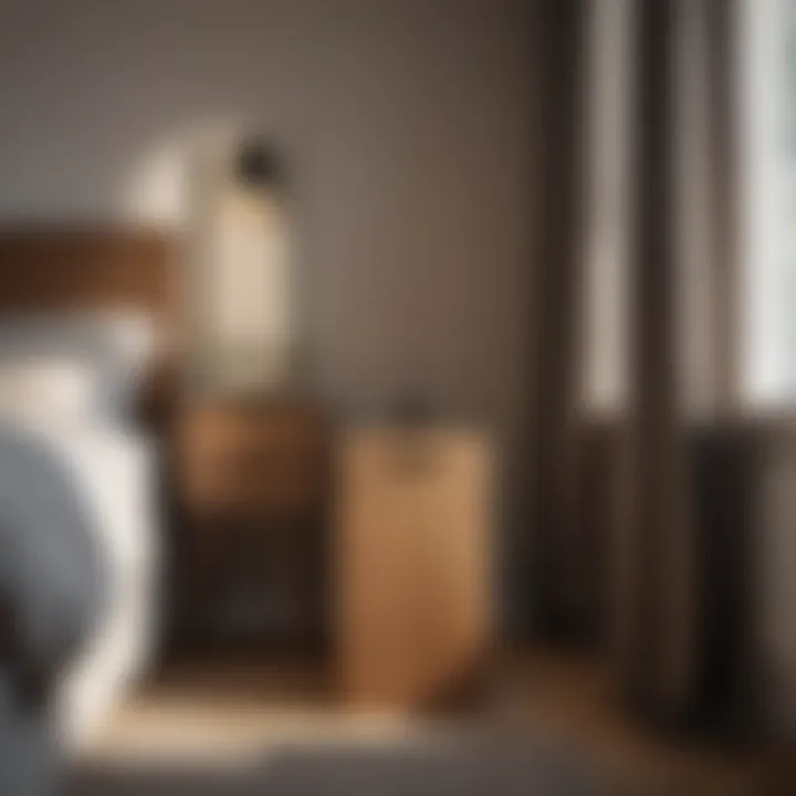 Minimalist wooden waste bin with a lid in a cozy bedroom corner
