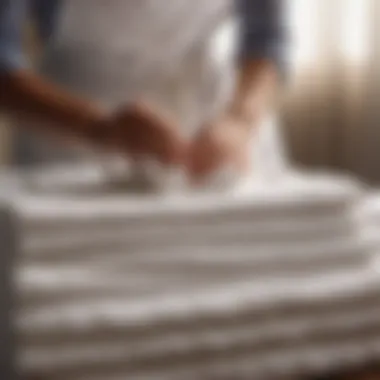 Housekeeper folding and arranging perfectly pressed linens